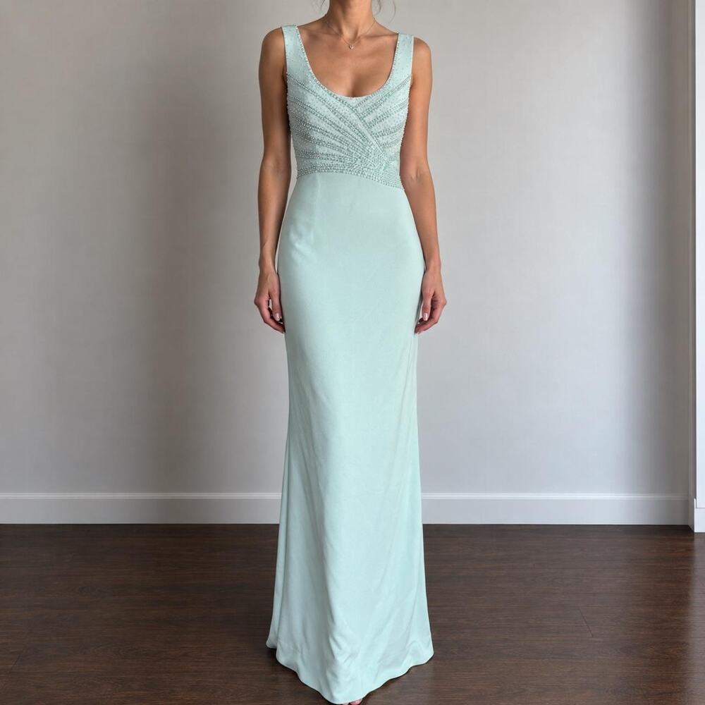 Vintage 90s Daymor Couture Mint Blue Beaded Column Evening Formal Gown Size 18
